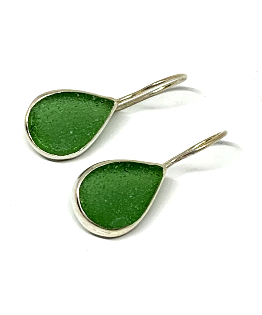 Dark Green Sea Glass Teardrop Shape Single Earrings