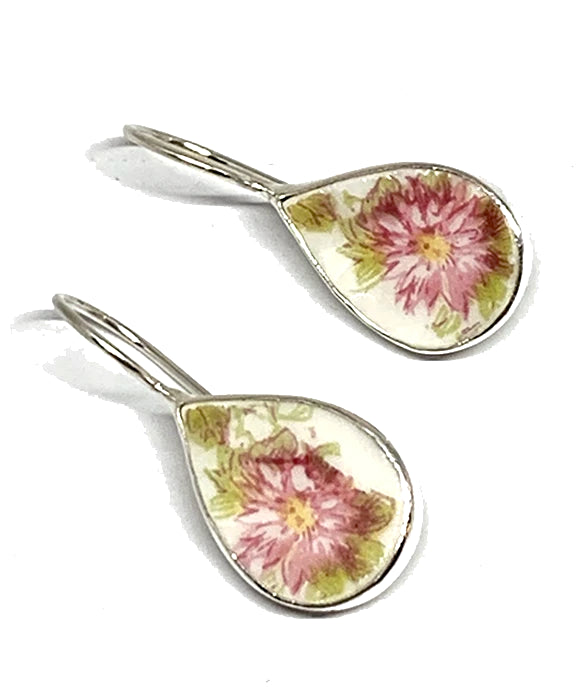 Delicate Pink Flowers Teardrop Vintage Pottery Single Drop Earrings
