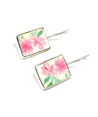Double Pink Flower Rectangle Vintage Pottery Single Drop Earrings