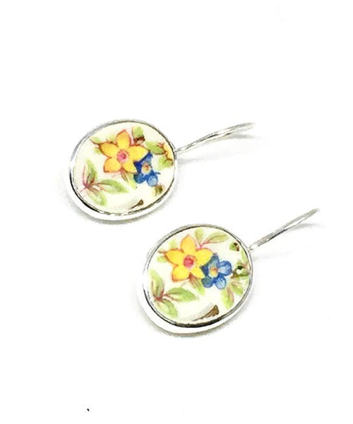 Yellow and Blue Floral Oval Vintage Pottery Single Drop Earrings