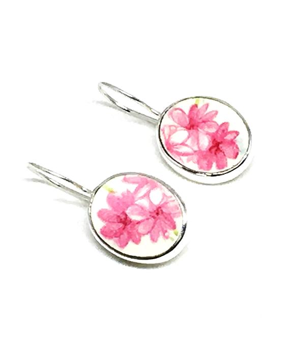 Pink Flower Oval Vintage Pottery Single Drop Earrings