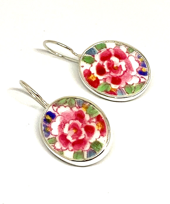 Bright Pink Flower Vintage Pottery Single Drop Earrings
