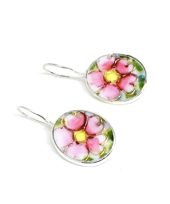 Textured Pink & Yellow Floral Oval Vintage Pottery Single Drop Earrings