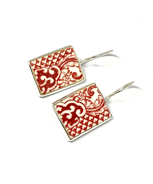 Red & White Rectangle Vintage Pottery Single Drop Earrings