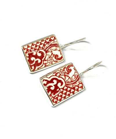 Red & White Rectangle Vintage Pottery Single Drop Earrings