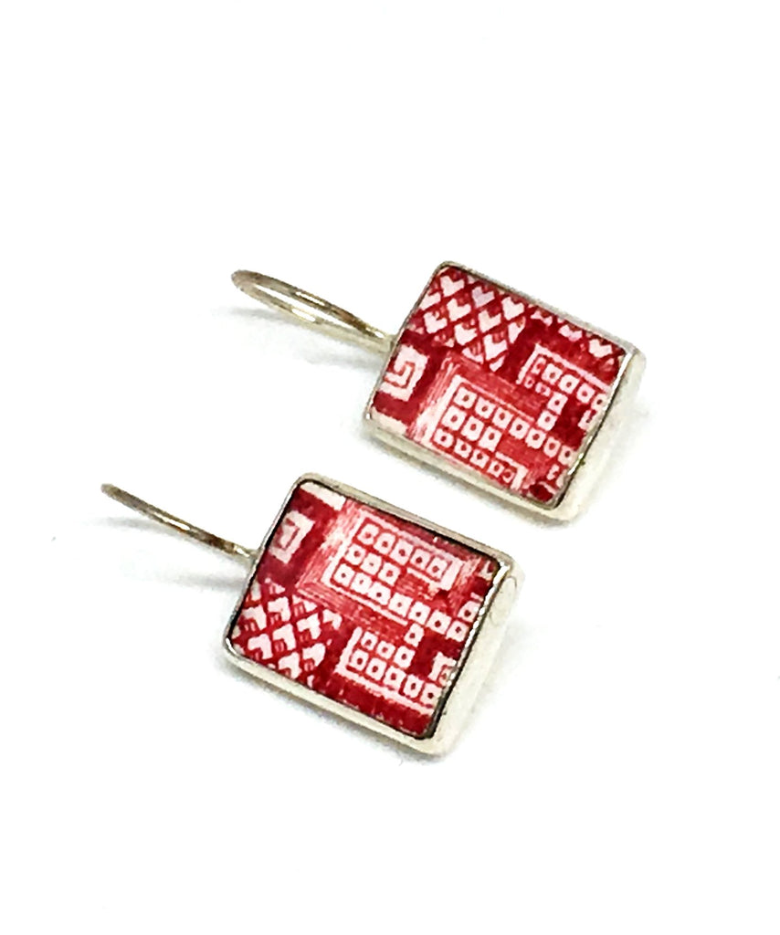 Red & White Rectangle Vintage Pottery Single Drop Earrings