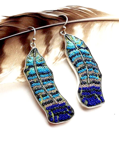 Blue Aqua and Grey Beaded Fused Glass Feather Earrings