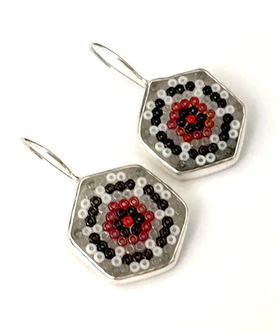 Grey, Red, White & Black Fused Seed Bead Single Drop Earrings