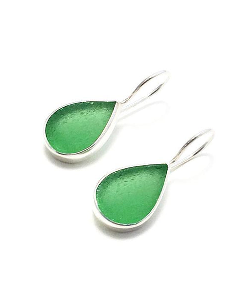 Green Teardrop Sea Glass Single Drop Earrings