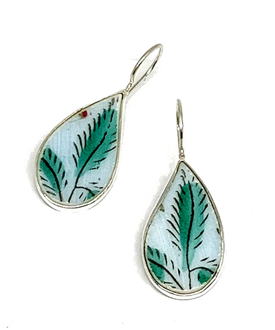 Large Green and Aqua Leaf Vintage Pottery Single Drop Earrings