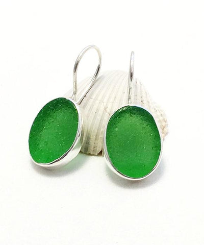 Green Oval Sea Glass Single Drop Earrings