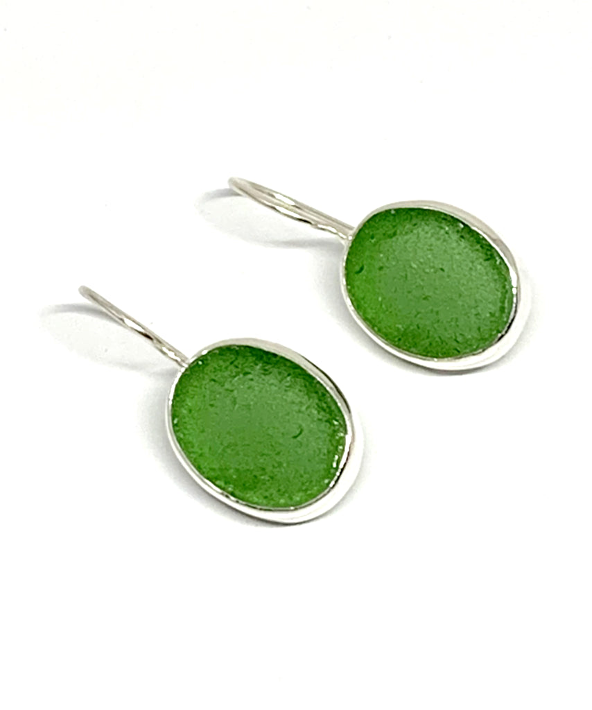Green Sea Glass Oval Shape Single Earrings