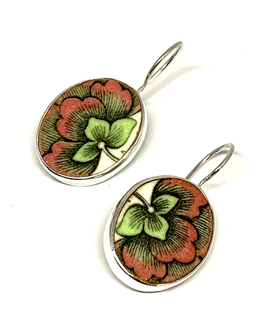 Green & Pink Flower Vintage Pottery Single Drop Earrings