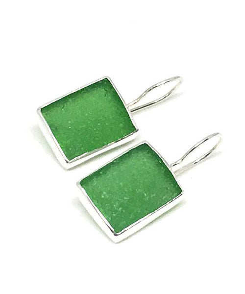 Green Rectangle Sea Glass Single Drop Earrings