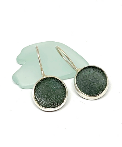 Dark Grey Sea Glass Round Shape Single Earrings