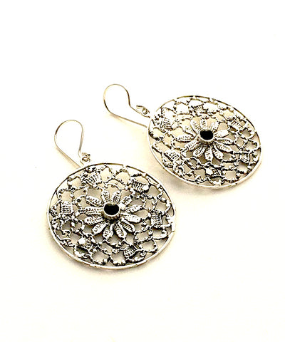 Antique Lace Cast in Sterling Silver with Black Onyx Stone Earrings