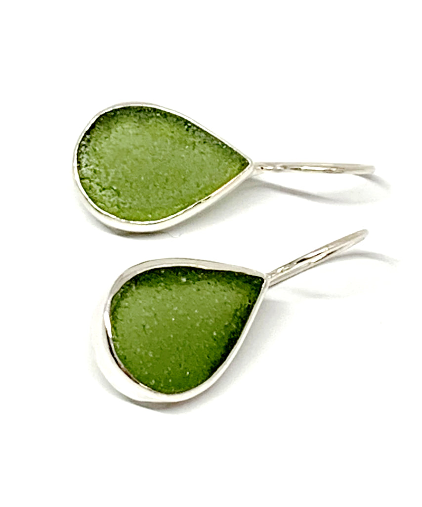Olive Green Sea Glass Teardrop Shape Single Earrings