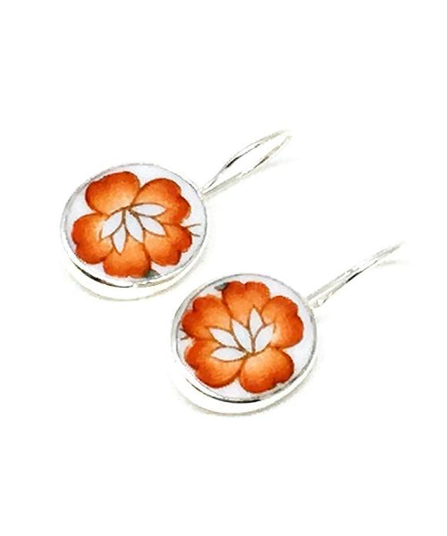 Bright Orange Flower Oval Vintage Pottery Single Drop Earrings