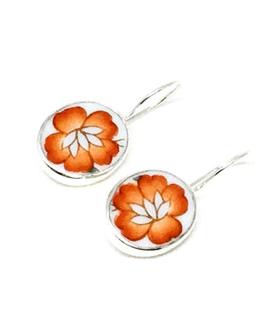 Bright Orange Flower Oval Vintage Pottery Single Drop Earrings