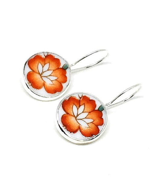 Bright Orange Flower Round Vintage Pottery Single Drop Earrings