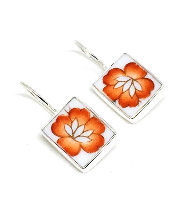 Bright Orange Flower Rectangle Vintage Pottery Single Drop Earrings