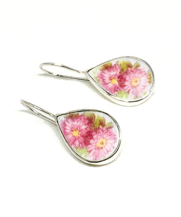 Pink Flowers Teardrop Vintage Pottery Single Drop Earrings