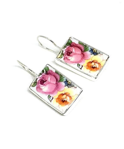 Large Pink & Yellow Floral Rectangle Vintage Pottery Single Drop Earrings
