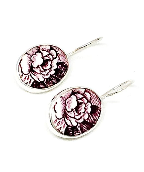 Purple & White Floral Oval Vintage Pottery Single Drop Earrings