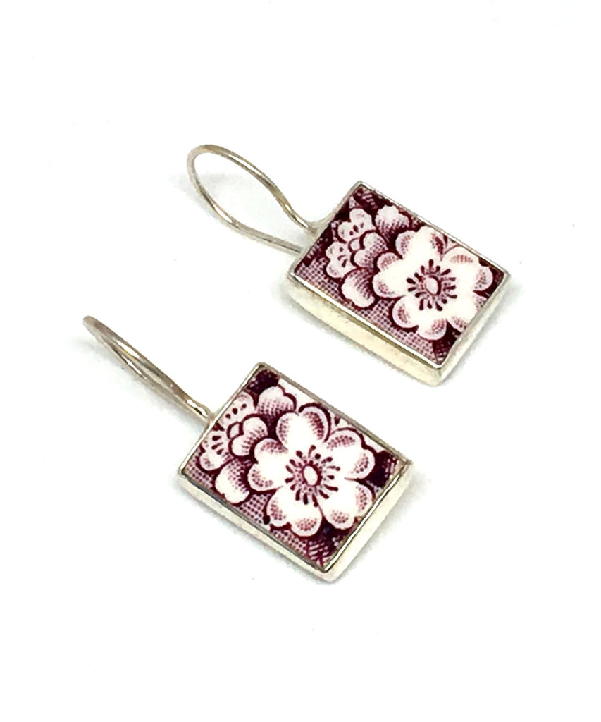 Purple & White Flower Vintage Pottery Single Drop Earrings