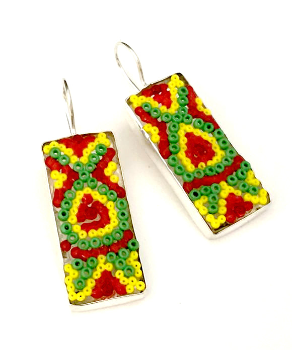 Large Red, Green & Yellow Fused Seed Bead Earrings