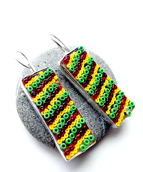Rasta Stripes Beaded Glass Single Drop Earrings