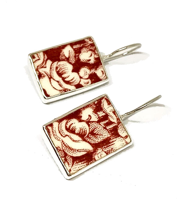 Red & White Floral Rectangle Vintage Pottery Single Drop Earrings
