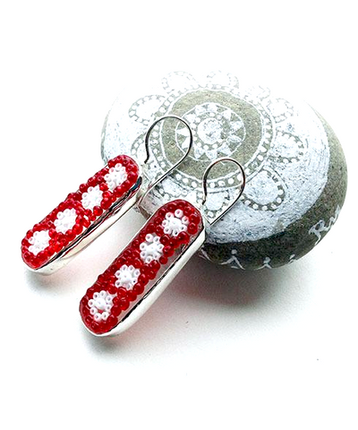 Red and White Dots Beaded Glass Single Drop Earrings