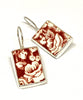 Red & White Floral Rectangle Vintage Pottery Single Drop Earrings