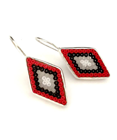 Red, Black, Grey & White Fused Seed Bead Diamond Shape Earrings
