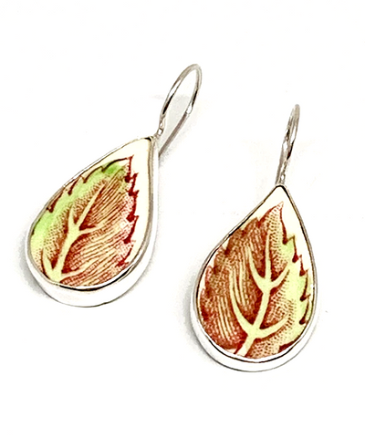 Large Red & Green Leaf Vintage Pottery Single Drop Earrings
