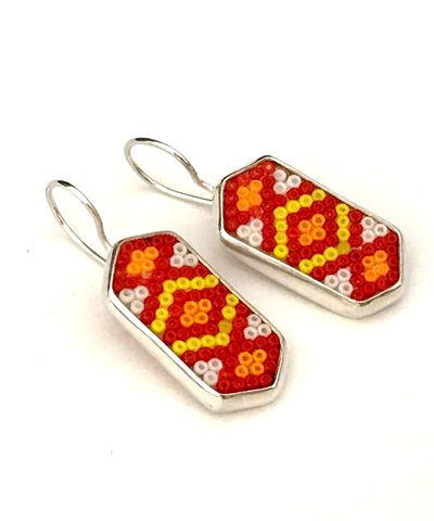 Red, Orange, White & Yellow Fused Seed Bead Earrings