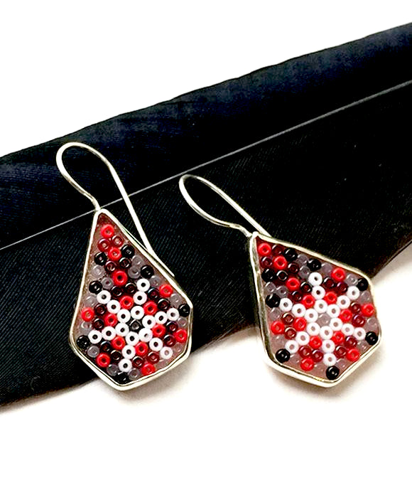 Red, Grey and Black Beaded Fused Glass Single Drop Earrings