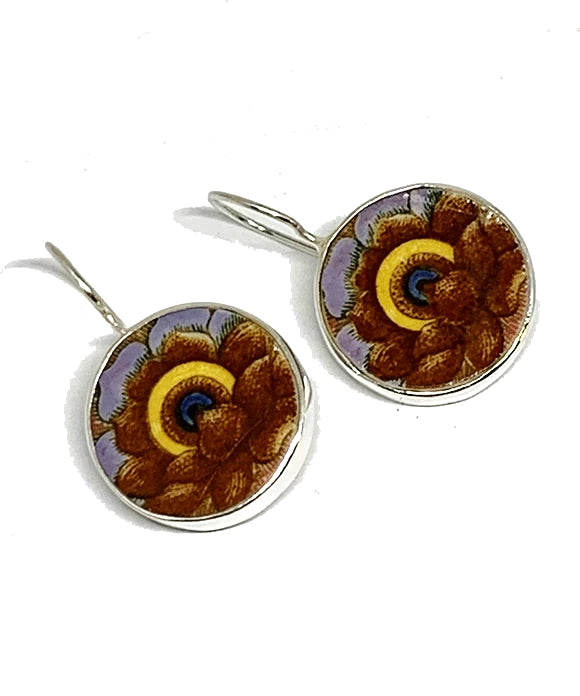 Brown & Yellow Flower Vintage Pottery Single Drop Earrings