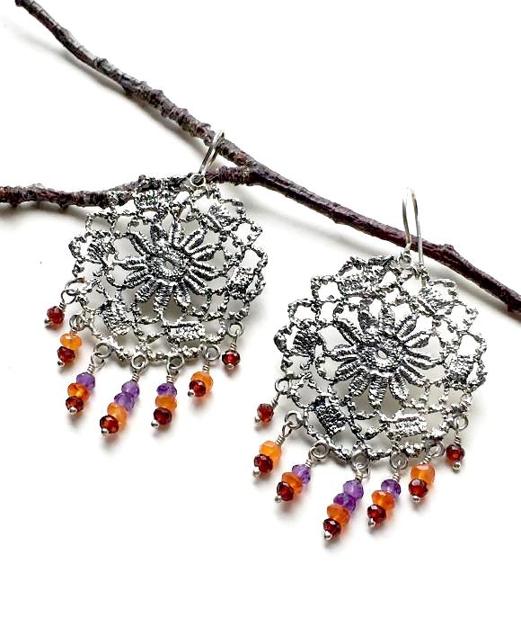 Antique Lace Cast in Sterling Silver with Amethyst, Carnelian and Garnet Fringe Earrings