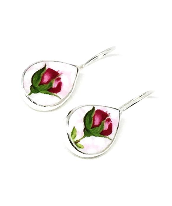 Pink Roses Teardrop Vintage Pottery Single Drop Earrings