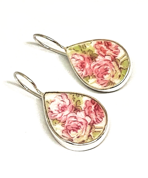 Soft Pink Roses Vintage Pottery Single Drop Earrings