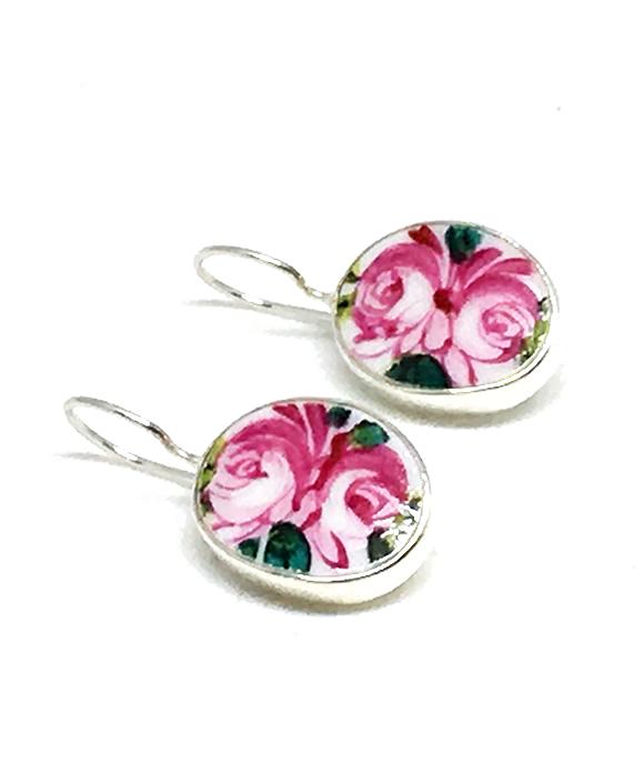 Double Pink Roses Oval Vintage Pottery Single Drop Earrings