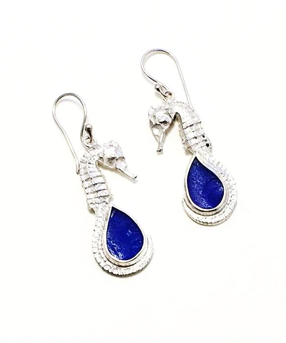 Sea Horse & Cobalt Sea Glass Earrings