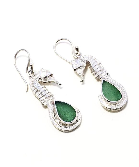 Sea Horse and Soft Green Sea Glass Earrings
