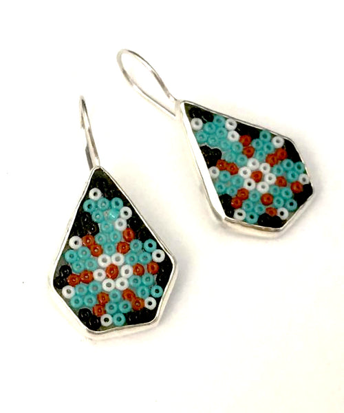 Aqua, Rust, Black & White Fused Seed Bead Tear Drop Earrings