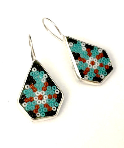 Aqua, Rust, Black & White Fused Seed Bead Tear Drop Earrings