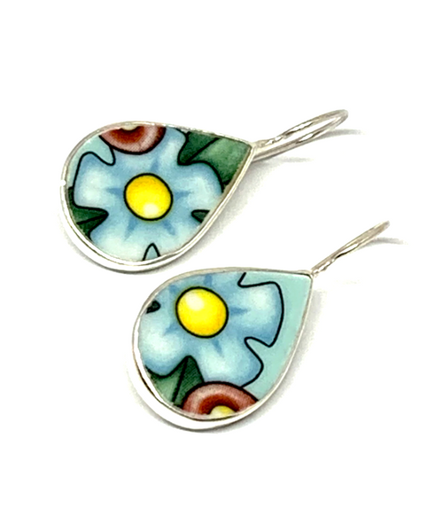 Large Turquoise & Yellow Flower Vintage Pottery Single Tear Drop Earrings
