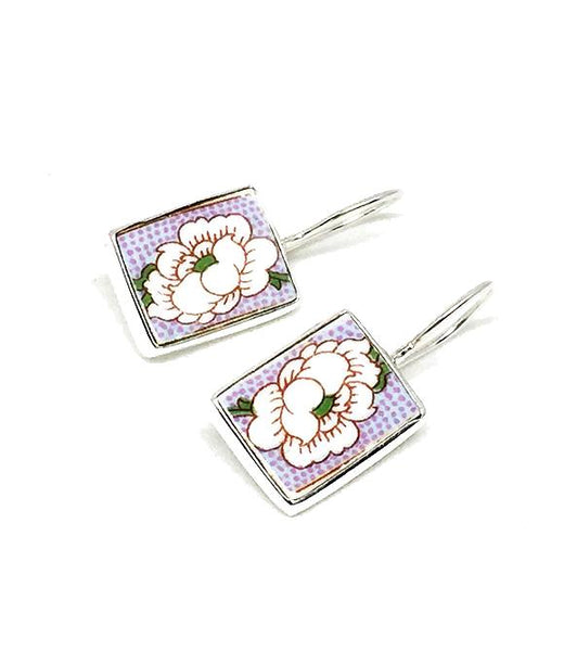 White Flower Vintage Pottery Single Drop Rectangle Earrings