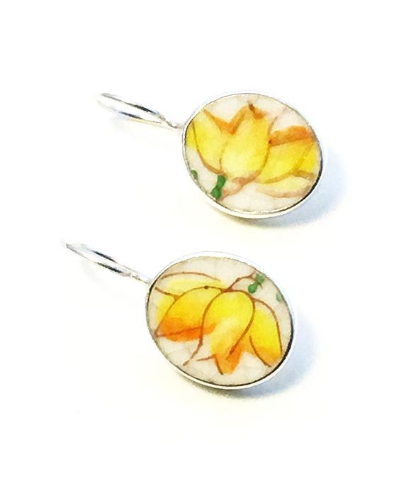 Yellow Floral Vintage Pottery Single Drop Earrings